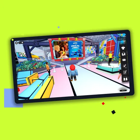 A metaverse environment with virtual product placement and avatars interacting.
